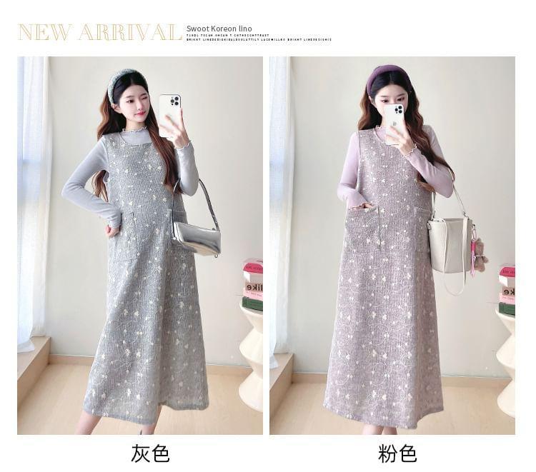 Maternity Long-Sleeve Lettuce Edge Knit Top / Scoop Neck Floral Embroidered A-Line Overall Dress Product Image