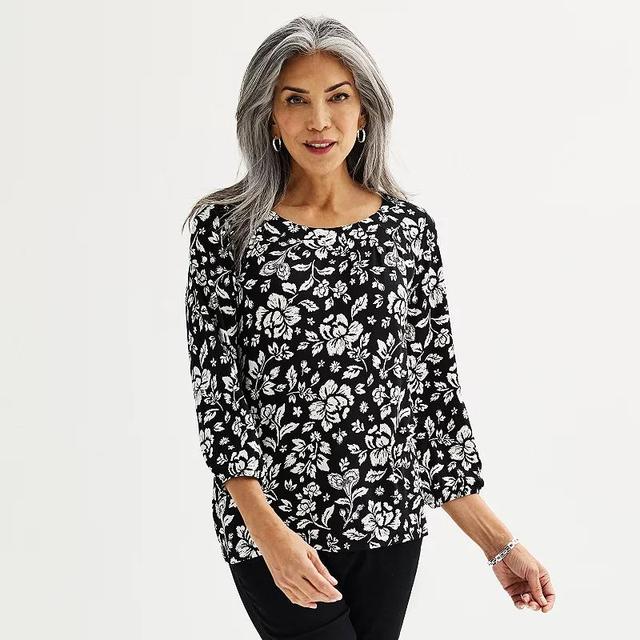 Womens Croft & Barrow Printed 3/4-Sleeve Pleated Round Neck Top Ivory Mini Tile Product Image