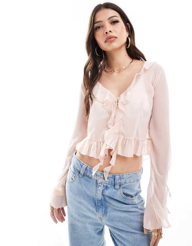 Bershka sheer frill detail top in pale pink Product Image