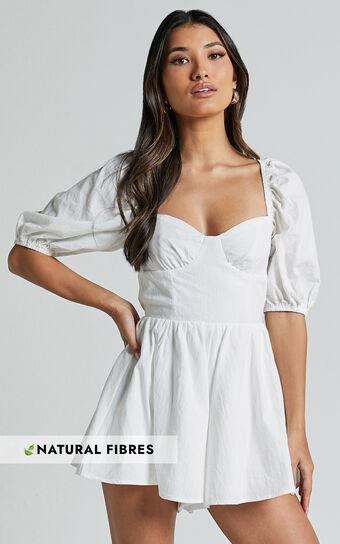 Vicky Playsuit - Sweetheart Short Puff Sleeve Tie Back in White Product Image