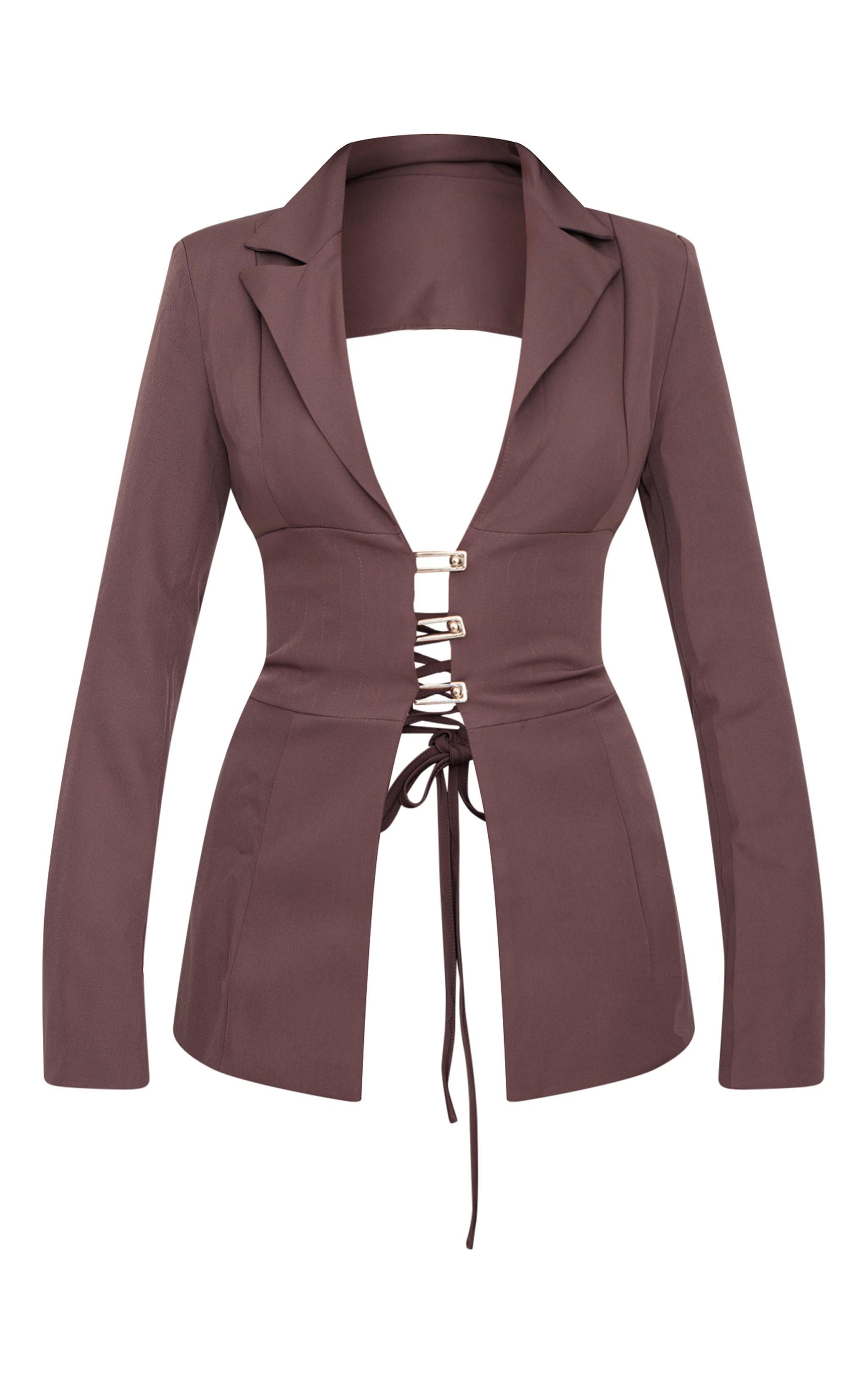 Chocolate Fitted Lace Up Back Blazer Product Image