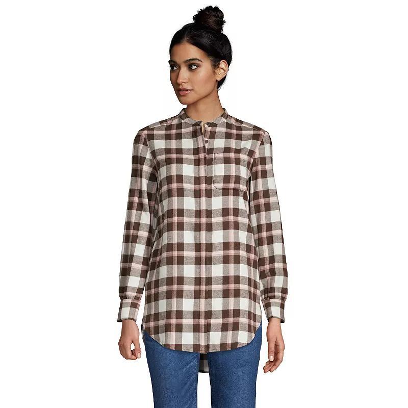 Petite Lands End Flannel A-Line Long Sleeve Tunic Top, Womens Ivory Brown Check Product Image