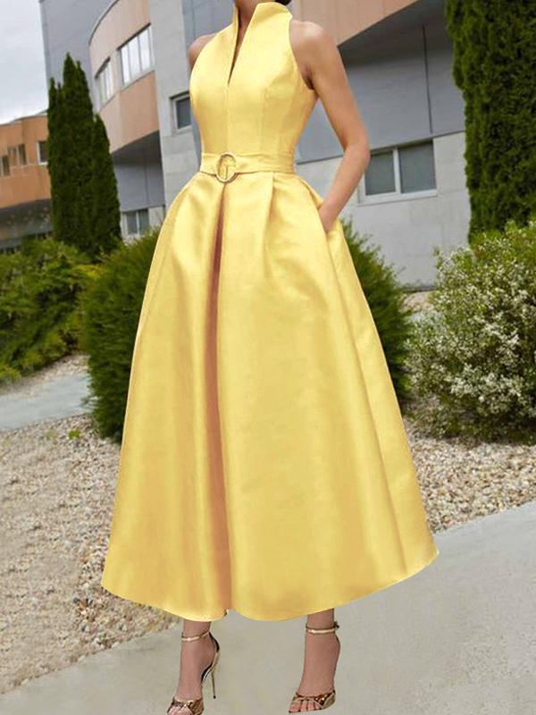 A-Line Loose Belted Pleated Pockets Solid Color V-Neck Midi Dresses Product Image