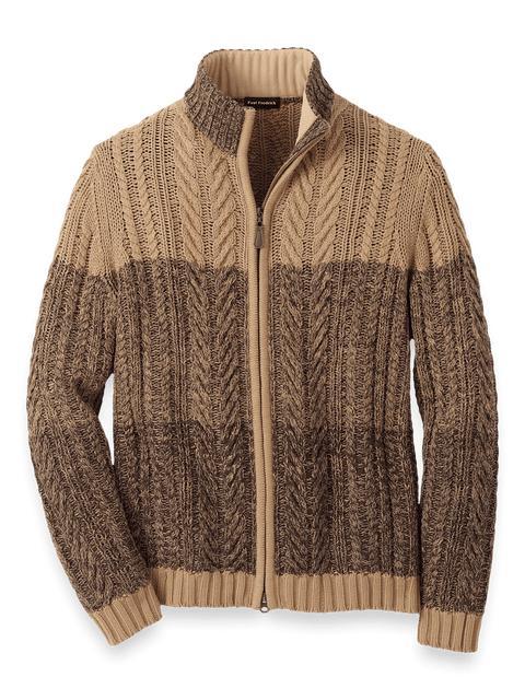 Cotton Cable Full Zip Mock Neck Sweater - Brown Product Image