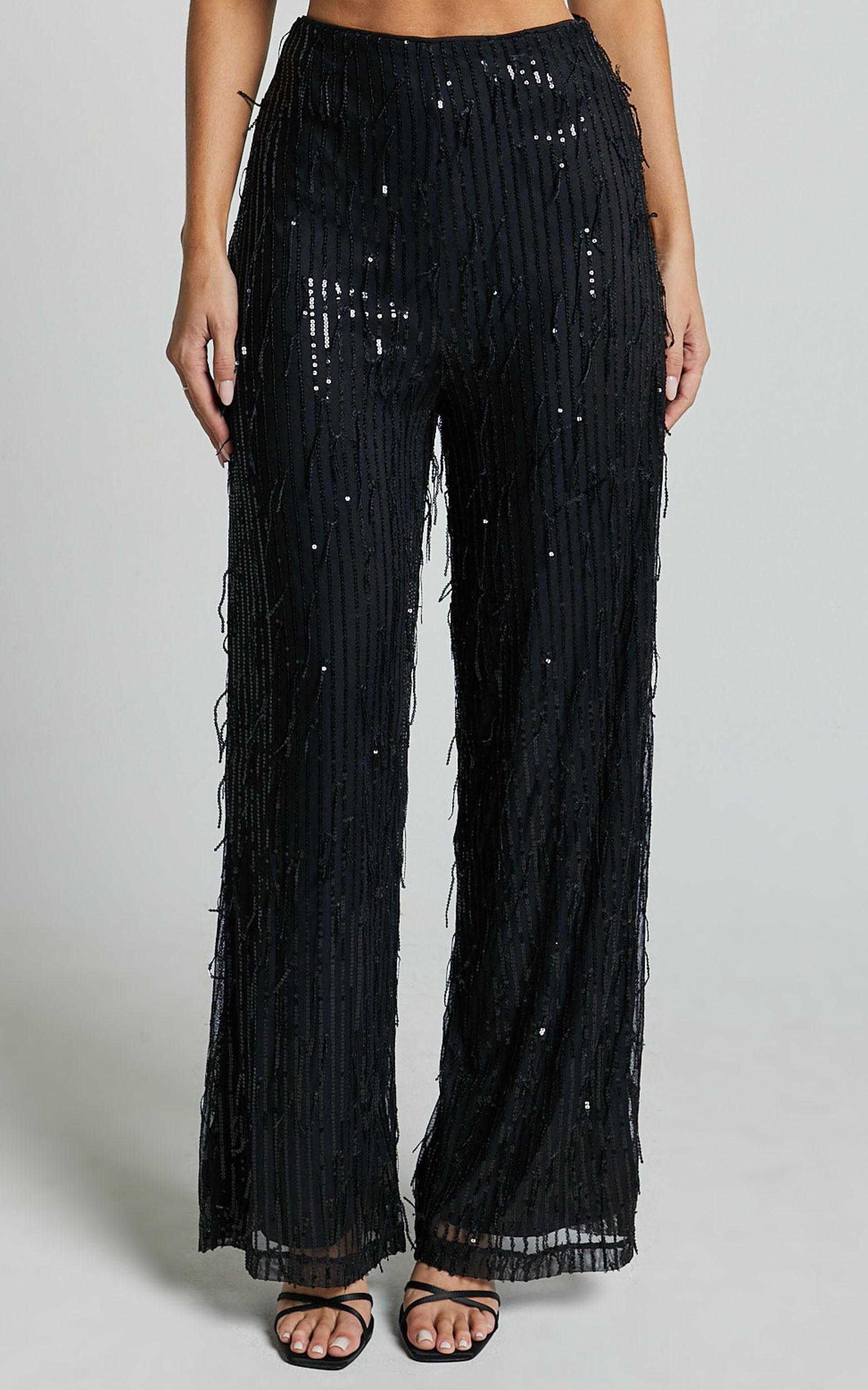 Claudette Pants - High Waist Wide Leg Fringe Sequin Pants in Black Product Image