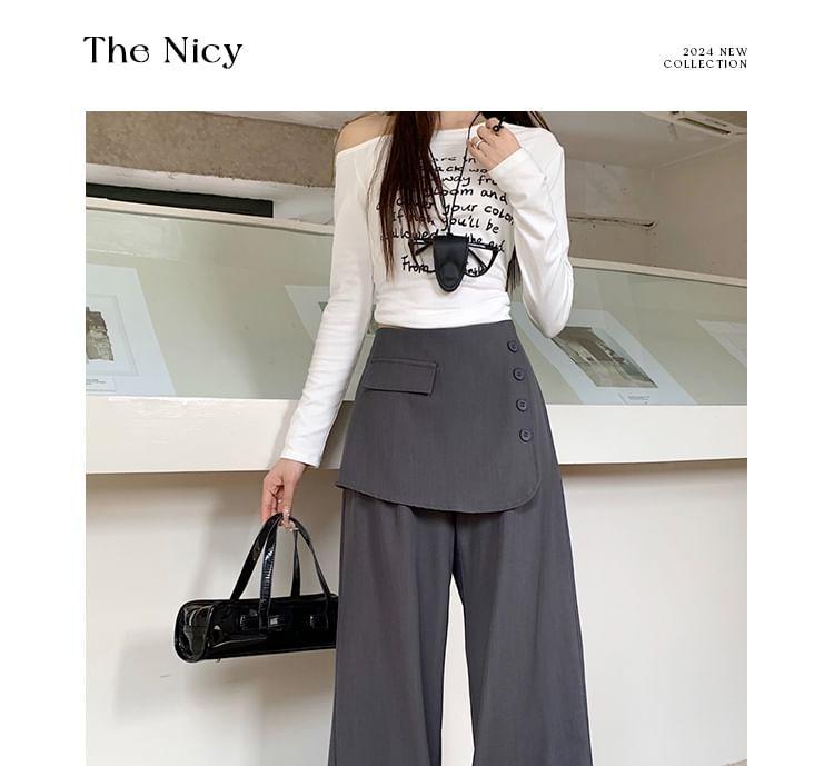 High Rise Mock Two-Piece Plain Buttoned Wide Leg Dress Pants Product Image