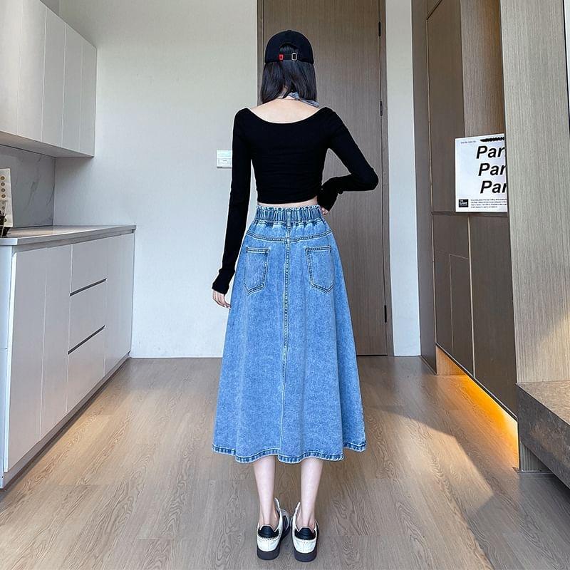 Elastic Waist Washed Denim Midi A-Line Skirt Product Image