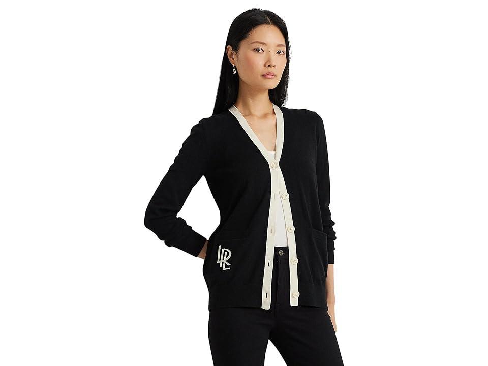 Lauren Ralph Lauren Two-Tone Cotton-Blend Cardigan (Black/Mascarpone Cream) Women's Sweater Product Image