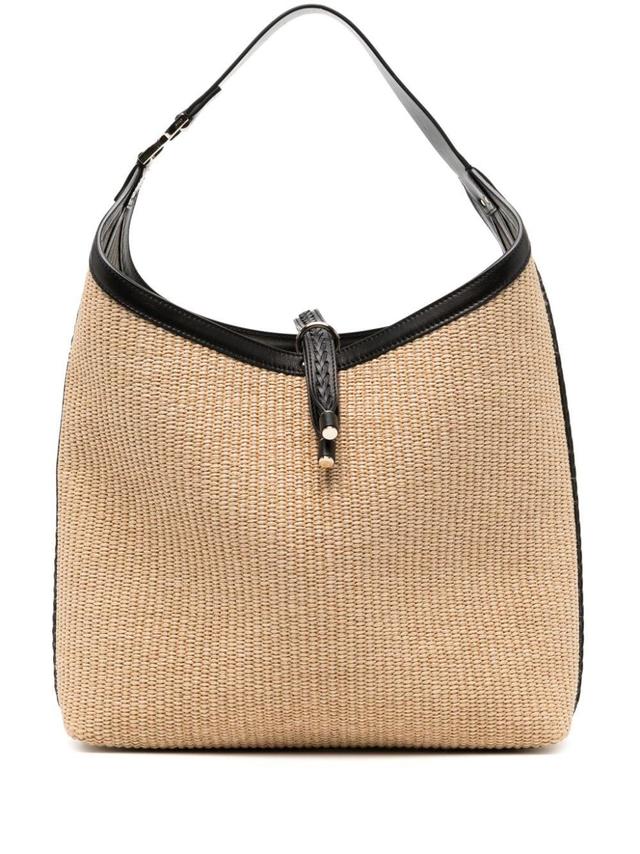 Marcie Leather-trimmed Raffia Shoulder Bag In Brown Product Image