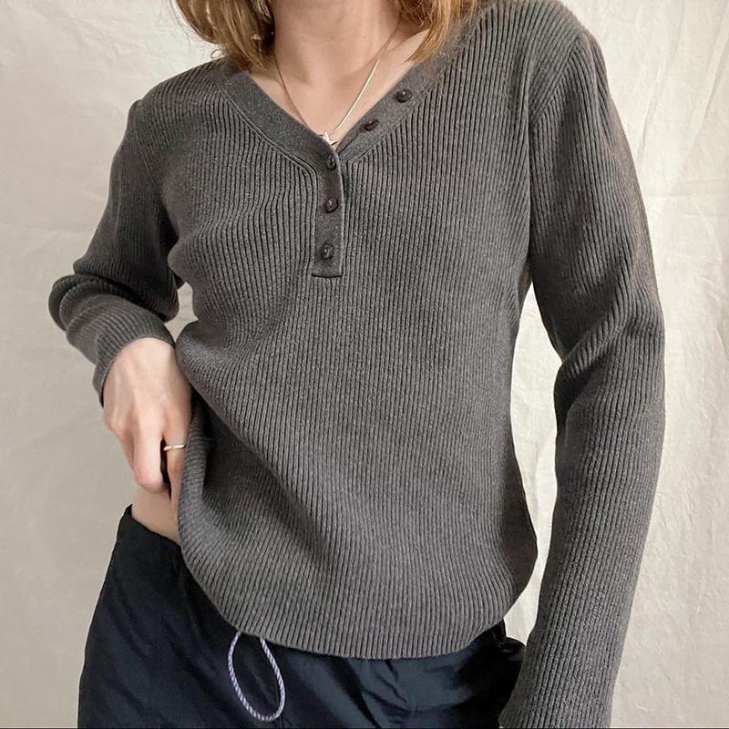 Long Sleeve V-Neck Half-Button Plain Loose-Fit Sweater Product Image