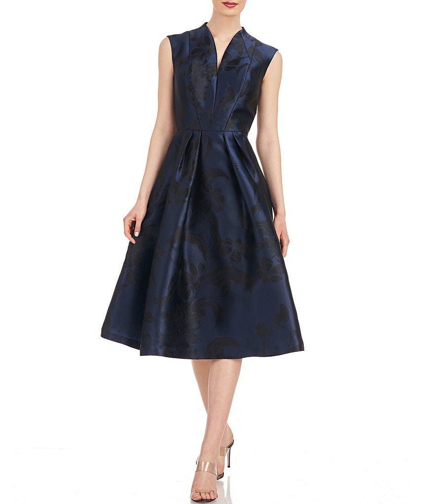 Kay Unger Metallic Floral Jacquard V Neckline Cap Sleeve Pleated Fit and Flare Midi Dress Product Image