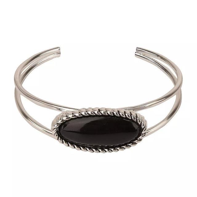 Silver Tone Cuff Bracelet with Black Center Stone, Womens, None Product Image