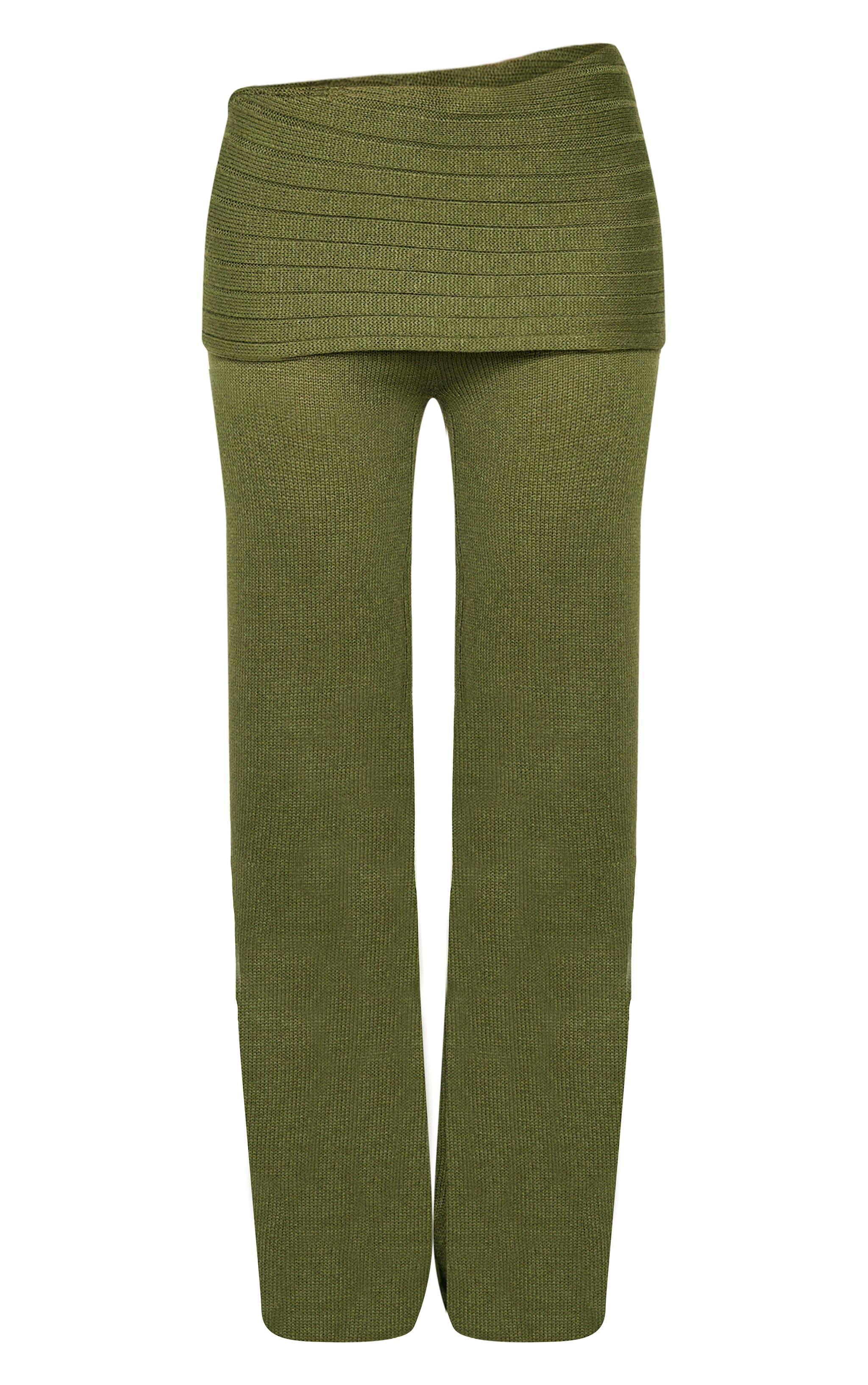 Forest Green Knitted Fold Over Wide Leg Pants Product Image