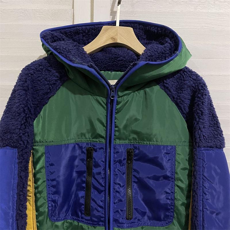 Hooded Color Block Fleece Panel Zip Up Jacket Product Image