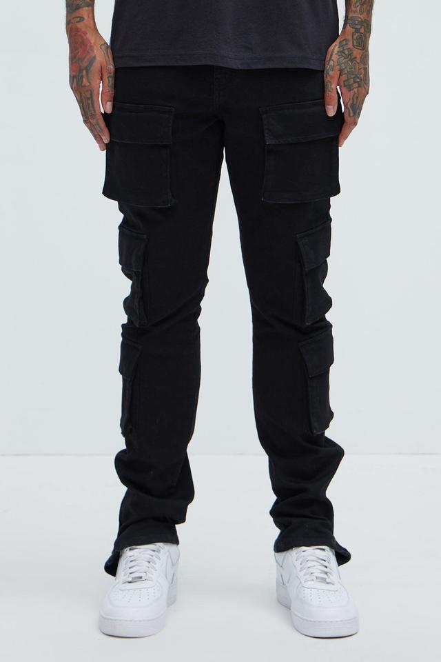 Three Cargo Stacked Skinny Zipper Flare Jeans - Black Product Image