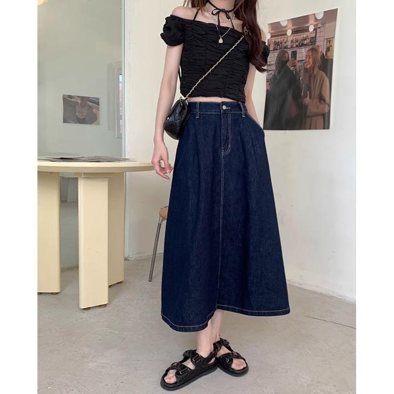 High Waist Washed Denim Midi A-Line Skirt Product Image