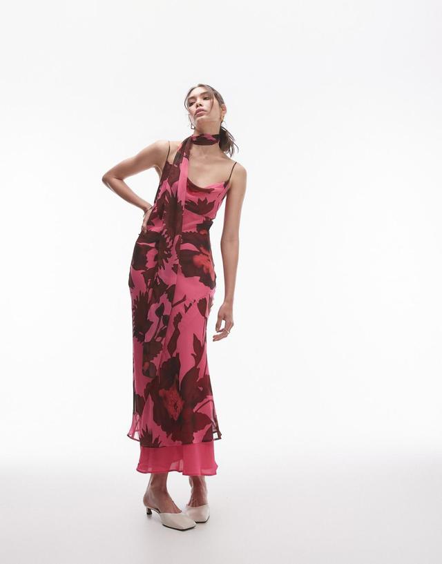 Topshop chiffon cowl slip midi dress in pink oversized floral print with scarf Product Image