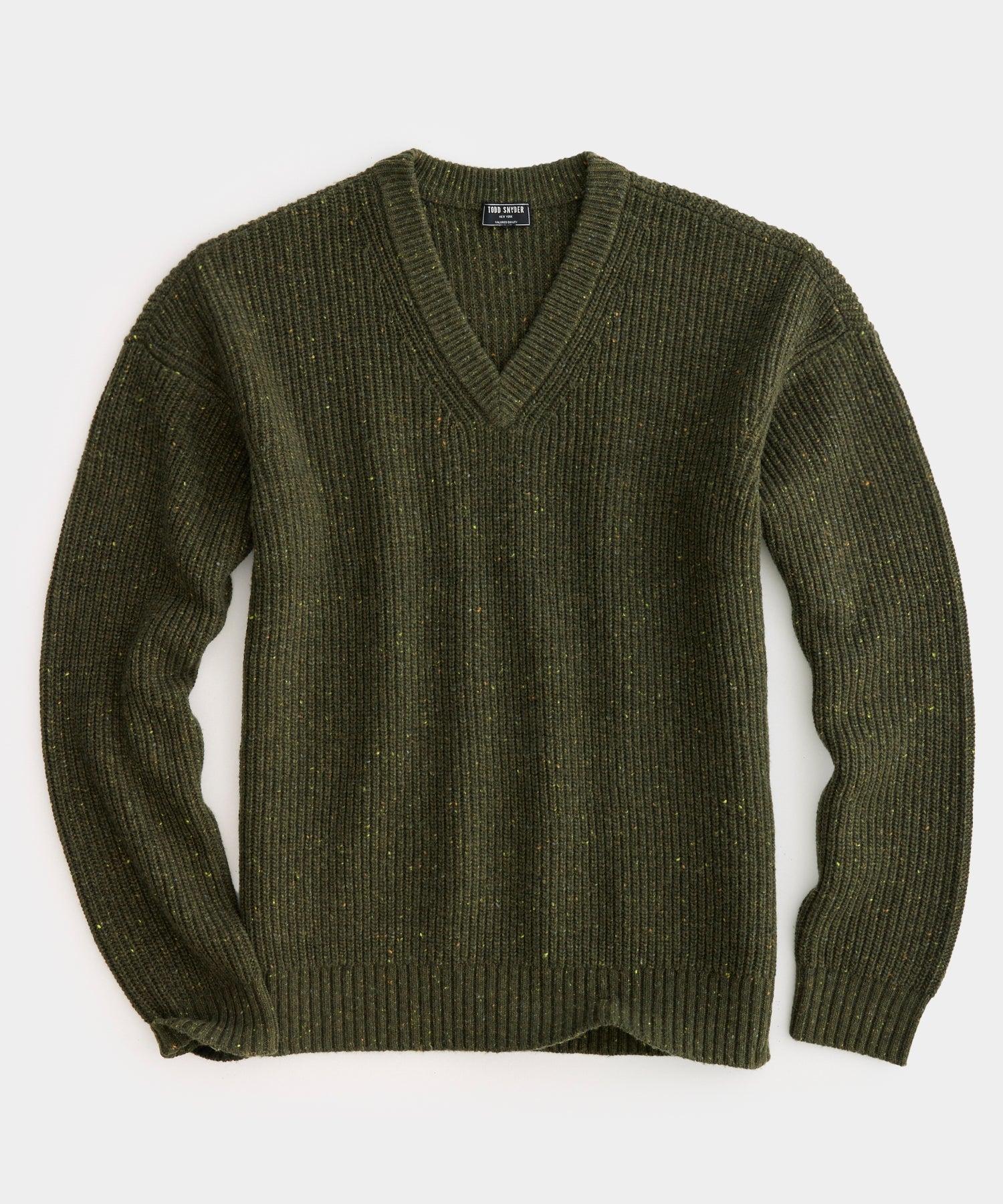 Ribbed Donegal V-Neck Sweater in Oak Moss Product Image