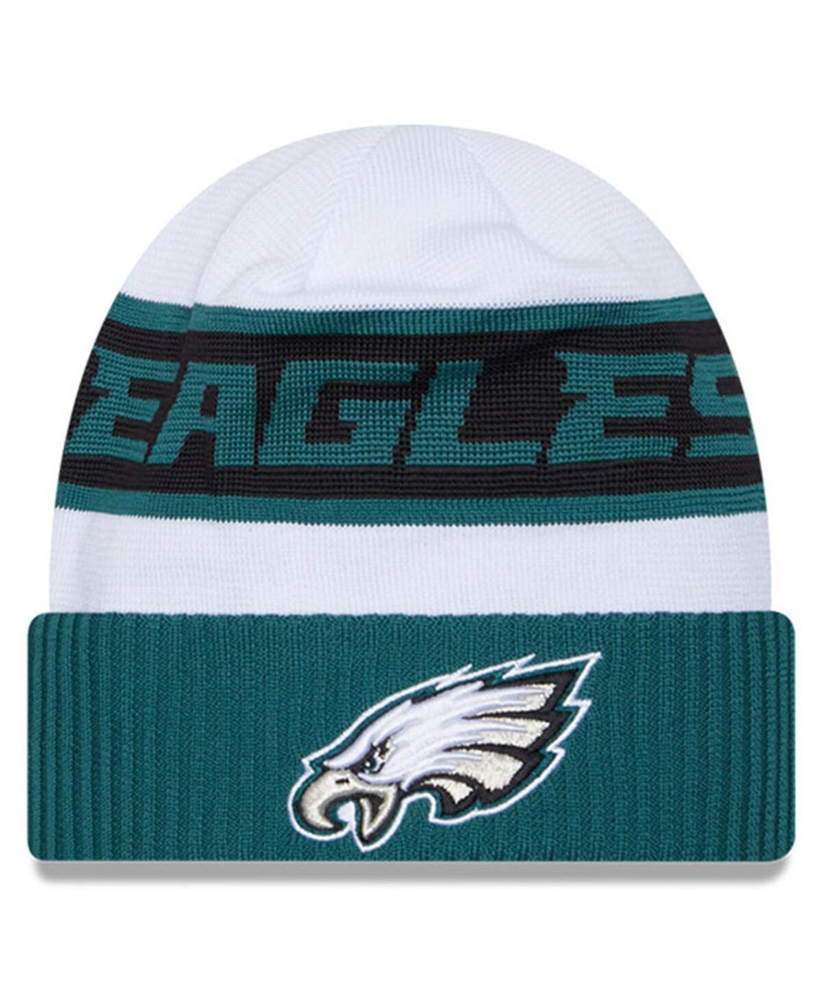 Mens New Era White/Midnight Green Philadelphia Eagles 2023 Sideline Tech Cuffed Knit Hat Product Image