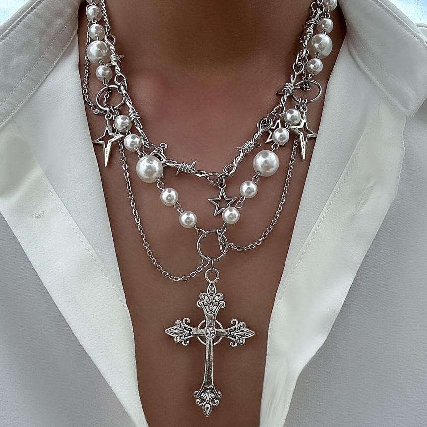 Cross Pendant Faux Pearl Layered Necklace Product Image