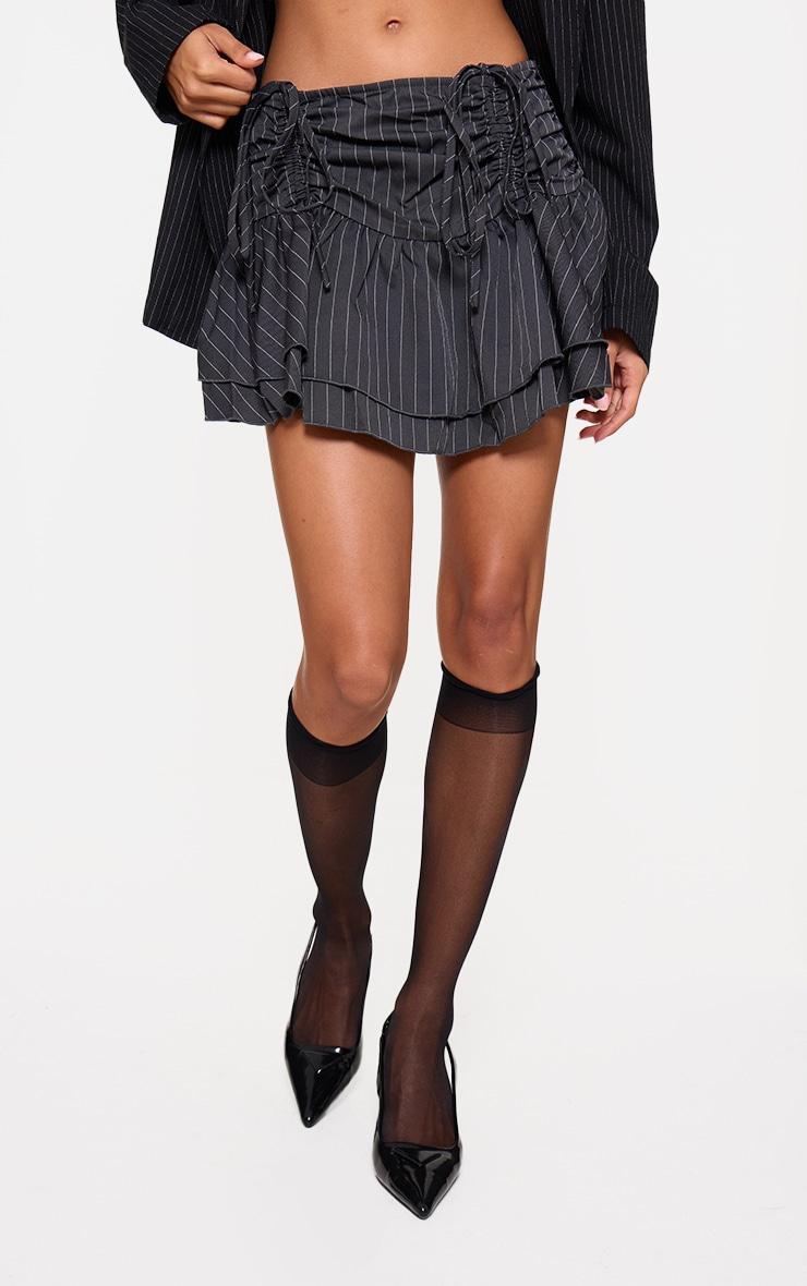 Charcoal Pinstripe Woven Ruched Front Peplum Mini Skirt Product Image