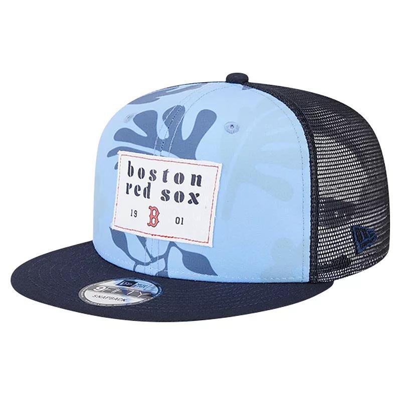 Mens New Era Boston Red Sox Bikini Bottom Trucker 9FIFTY Snapback Hat, Blue Product Image