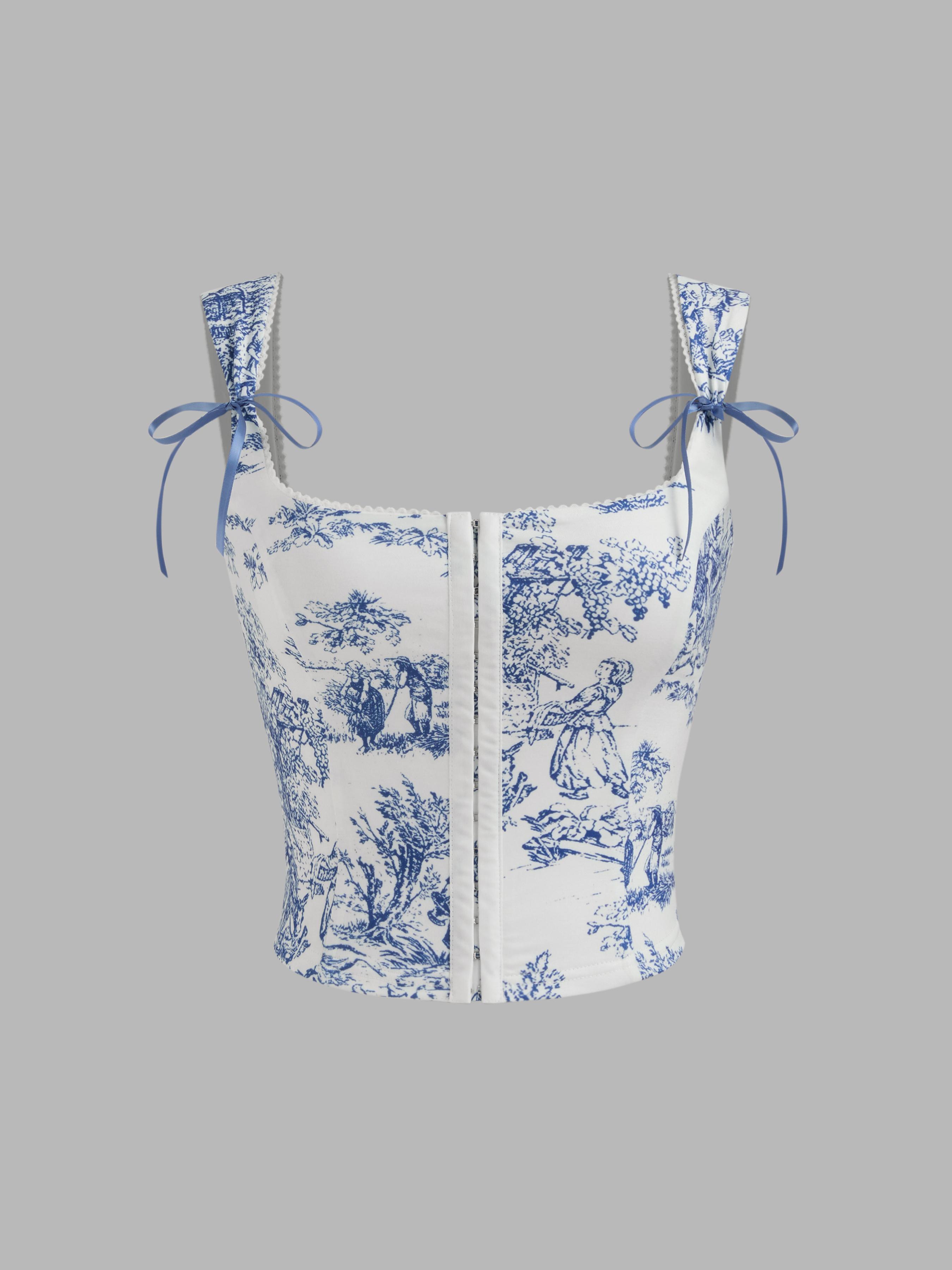 Toile de Jouy Square Neck Bowknot Crop Tank Top Product Image