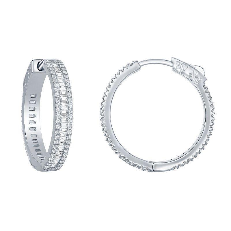 Sterling Silver 25 mm Cubic Zirconia Baguette Hoop Earrings, Womens, White Product Image