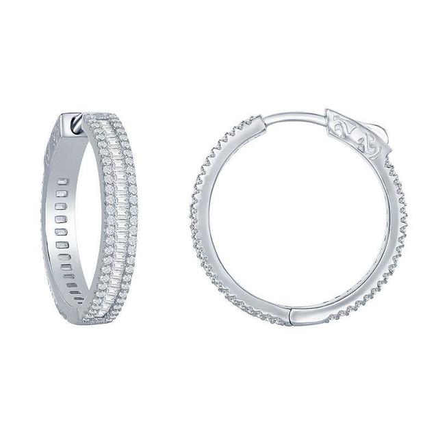 Sterling Silver 25 mm Cubic Zirconia Baguette Hoop Earrings, Womens, White Product Image