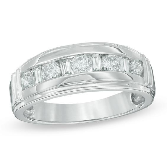 Men's 1 CT. T.w. Baguette and Round Diamond Wedding Band in 14K White Gold Product Image