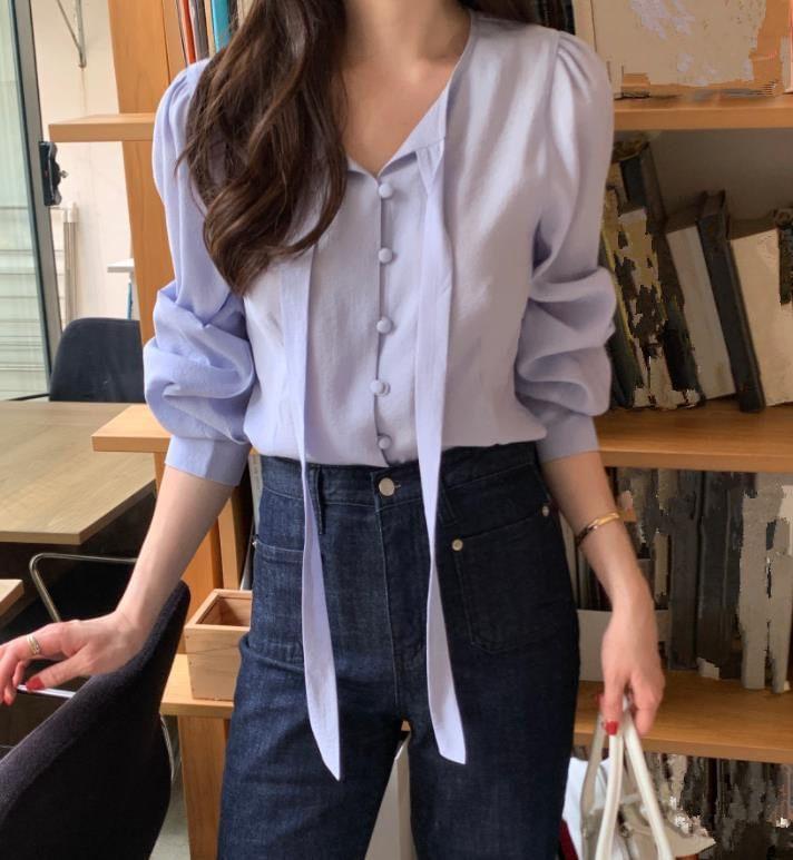 Puff-Sleeve Plain Button-Up Blouse Product Image