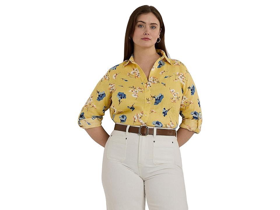 LAUREN Ralph Lauren Plus-Size Relaxed Fit Floral Linen Shirt Multi) Women's Clothing Product Image