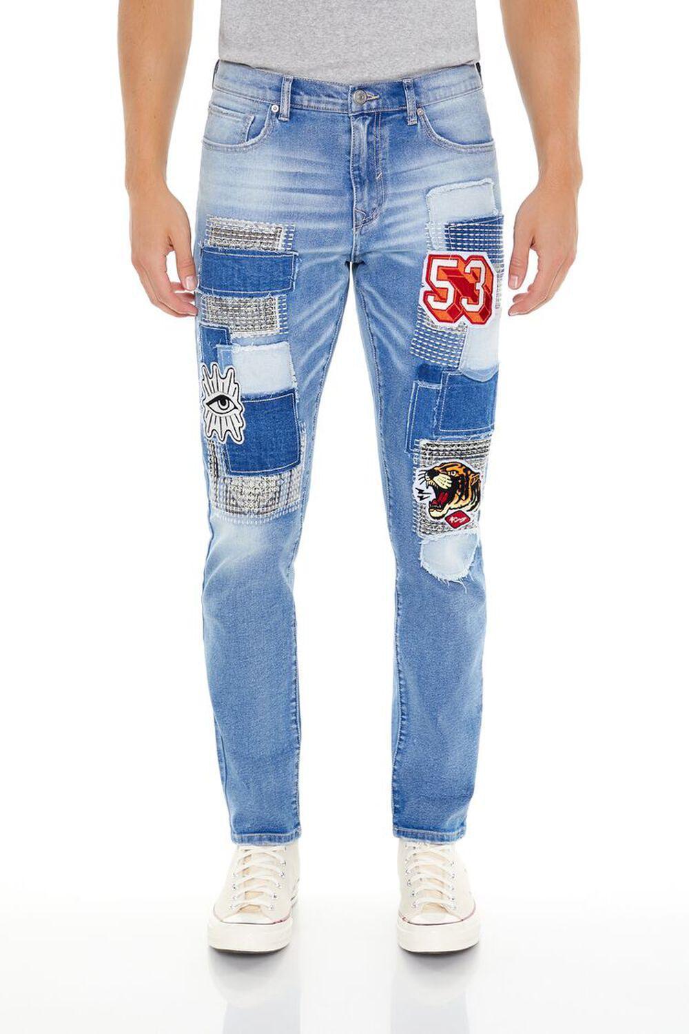 Frayed Slim-Fit Patchwork Jeans | Forever 21 Product Image