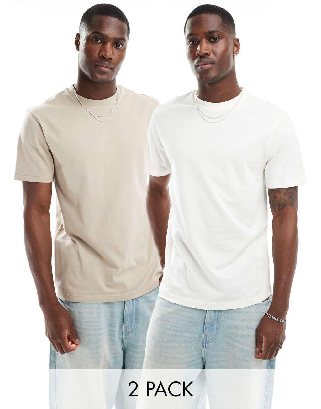 ASOS DESIGN 2 pack crew neck T-shirts in cream and beige Product Image