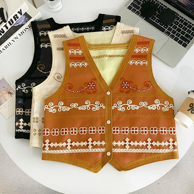 V-Neck Floral Embroidered Button-Up Faux Leather Crop Vest Product Image