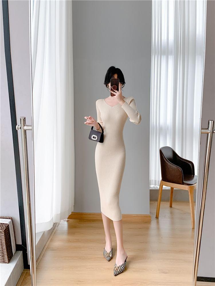 Long-Sleeve V-Neck Plain Ribbed Midi Sheath Knit Dress Product Image