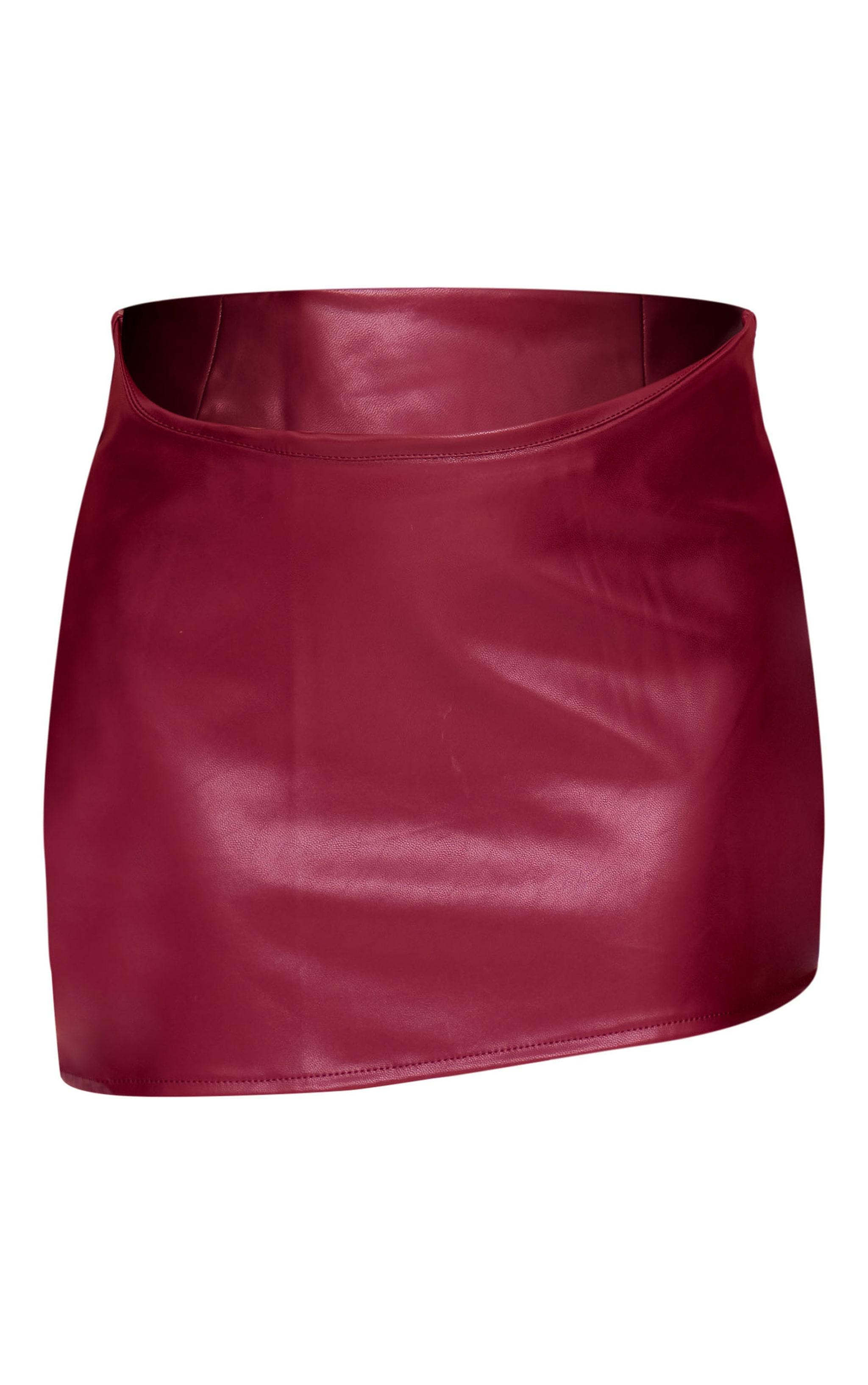 Burgundy Faux Leather Asymmetric Hem Mini Skirt Product Image