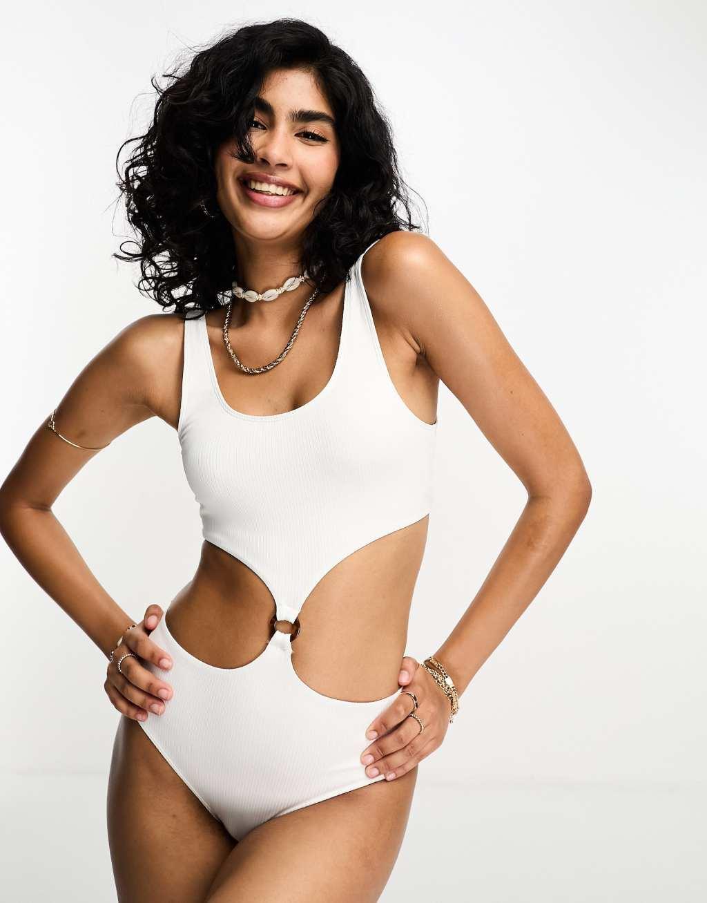 Monki ribbed side cut out swimsuit with front ring detail Product Image