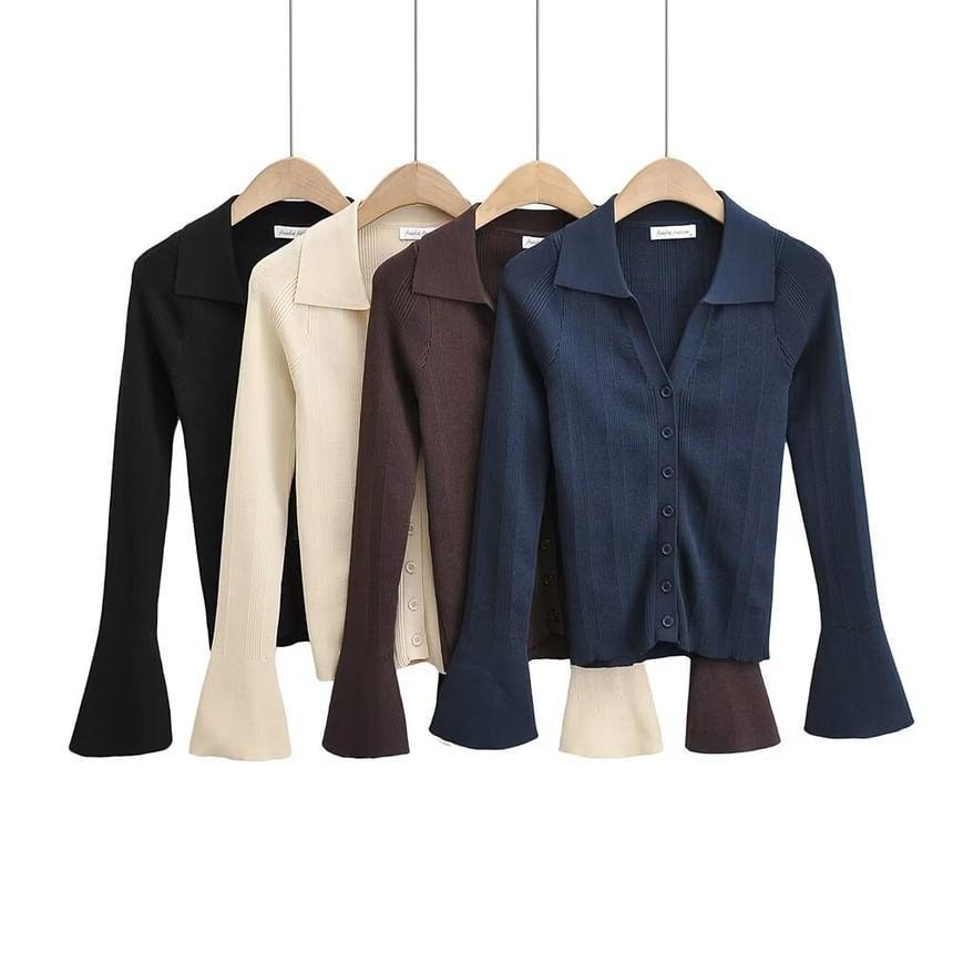 Flared-Sleeve Collar Plain Ribbed Cardigan Product Image