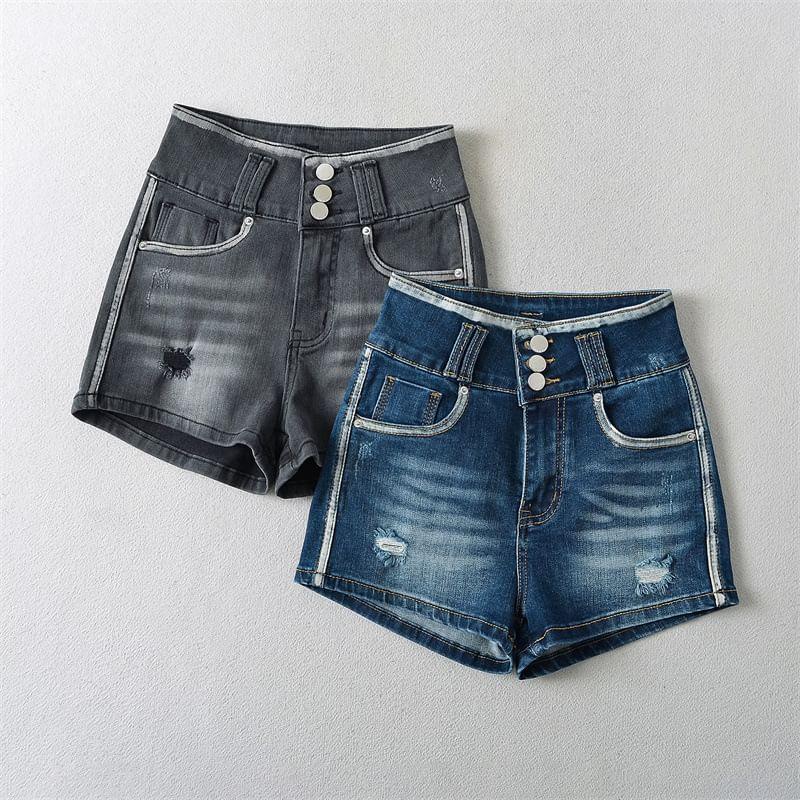 High Waist Contrast Trim Washed Distressed Hot Pants Product Image