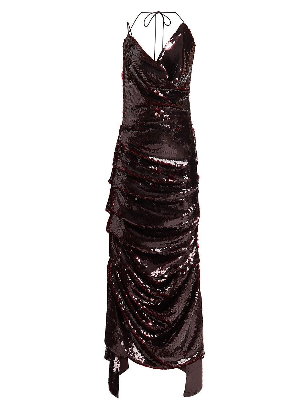 Womens Sequined Fitted Asymmetric Ruched Gown Product Image