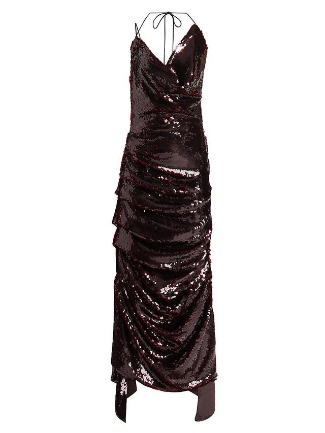 Womens Sequined Fitted Asymmetric Ruched Gown Product Image