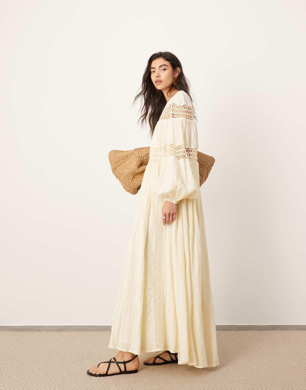 ASOS EDITION crochet trim drop waist blouson sleeve trapeze maxi dress in buttermilk Product Image