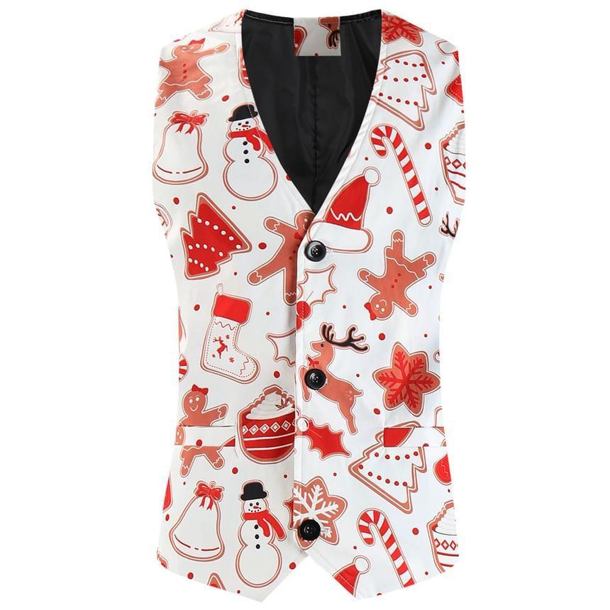 Notch Lapel Christmas Print Single Breasted Blazer / V-Neck Button Vest / Mid Rise Slim Fit Dress Pants / Set Product Image