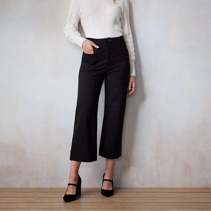 Petite LC Lauren Conrad Super High Rise Wide Leg Cropped Pants, Womens Black Product Image