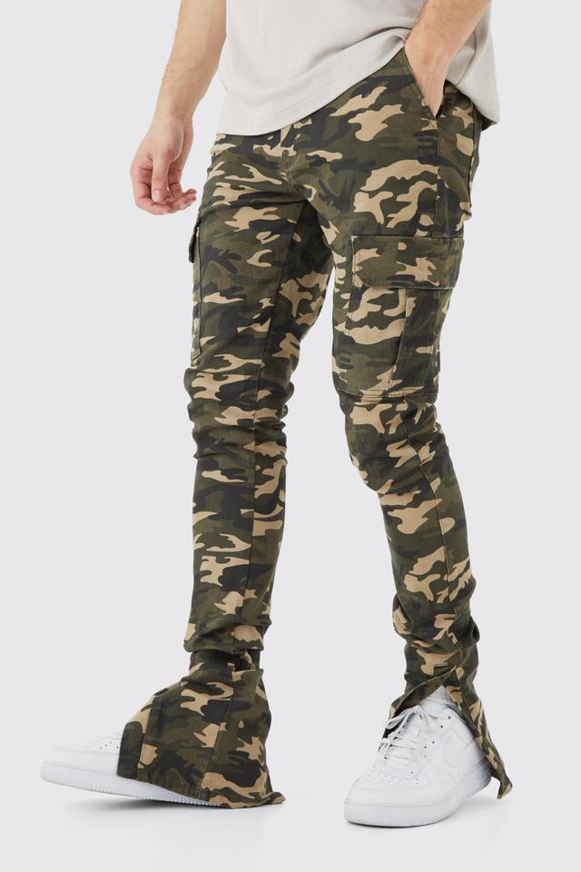 Tall Skinny Stacked Split Hem Camo Cargo Pants | boohooMAN USA Product Image