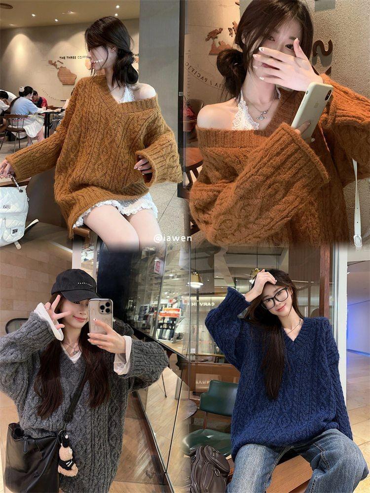 V-Neck Plain Cable Knit Oversized Sweater Product Image