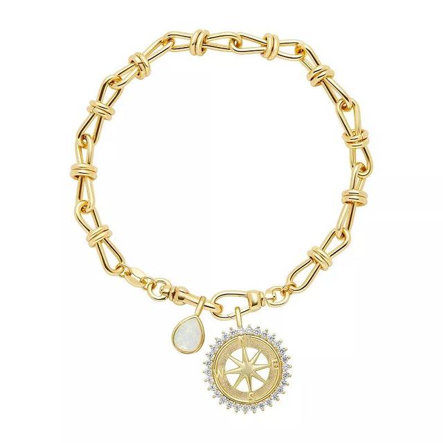 Brilliance Gold Tone Cubic Zirconia Compass Coin & White Opal Stone Teardrop Charms on Knot Link Chain Bracelet, Womens Gold Tone White Product Image