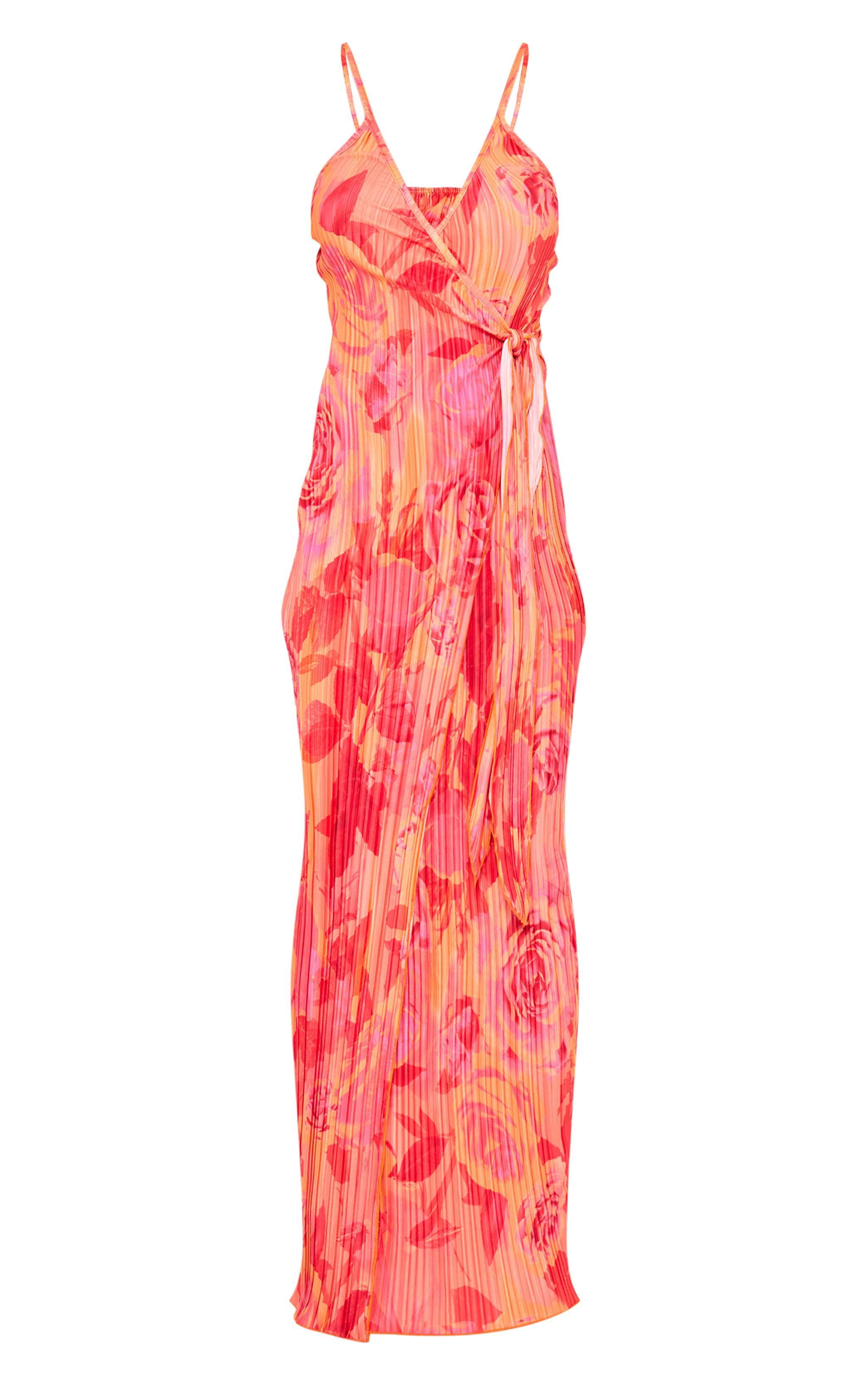 Pink Print Plisse Wrap Tie Maxi Dress Product Image