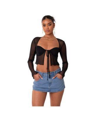 Women's Long Sleeve Mesh Top With Cups & Tie At Front Product Image